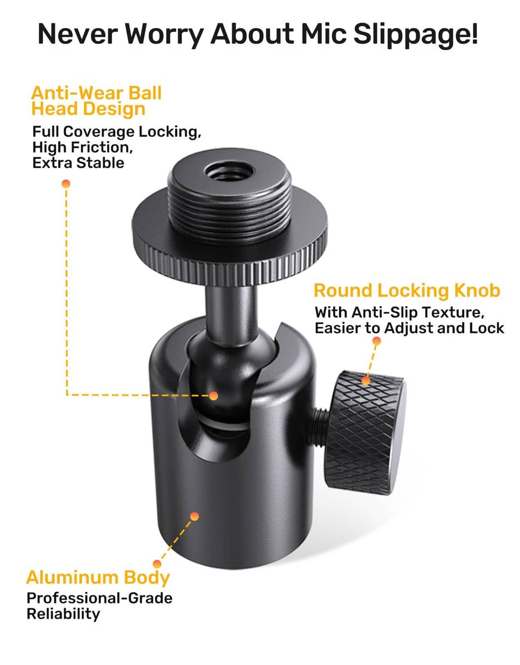 Black ball-head mic adapter with anti-wear top, round locking knob, and mounting threads