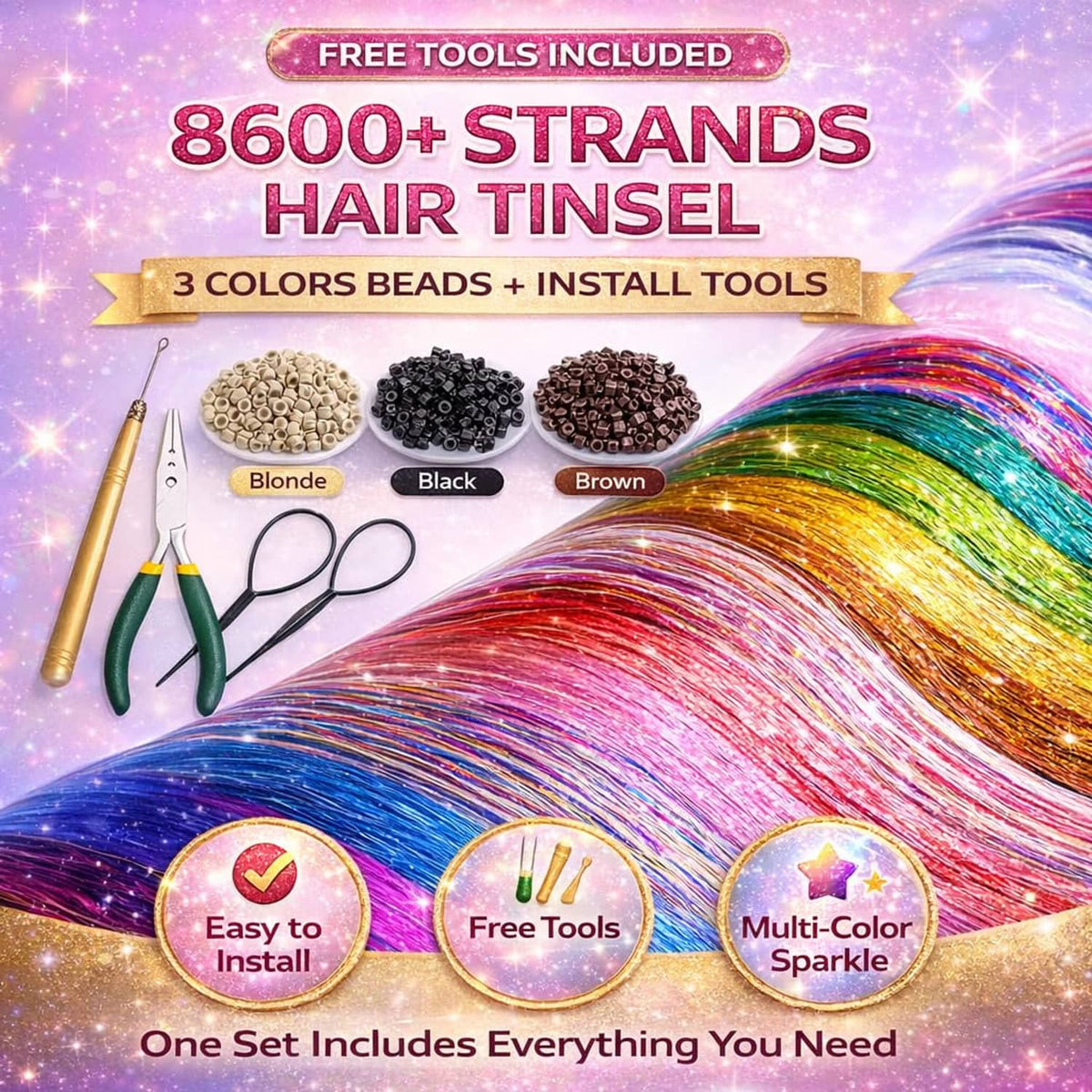 Hair tinsel kit contents with multicolor strands, bead packs, and install tools
