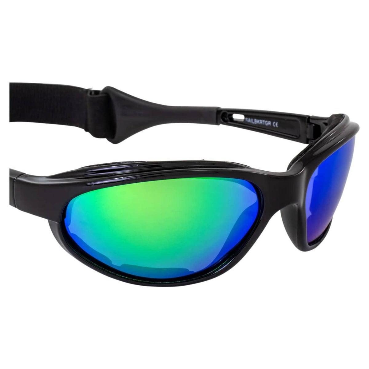 Black sports sunglasses with green-blue mirror lenses and adjustable strap