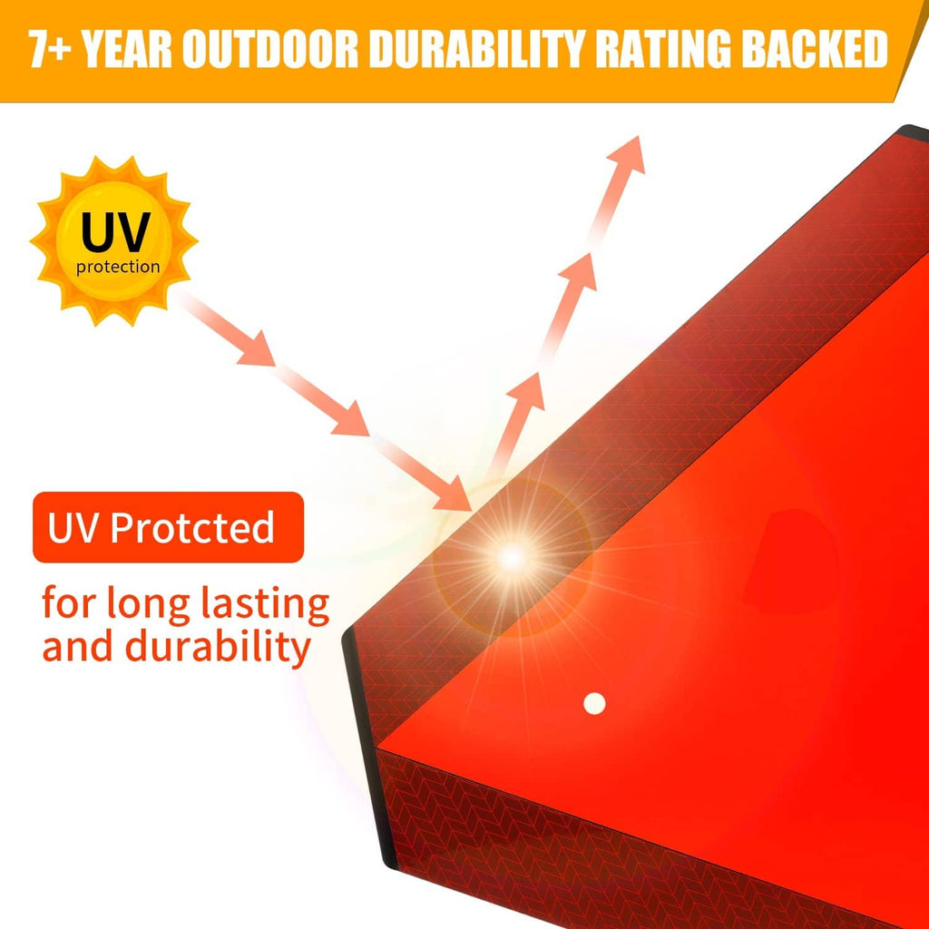 Reflective red triangle safety sign with glowing edge detail on orange center