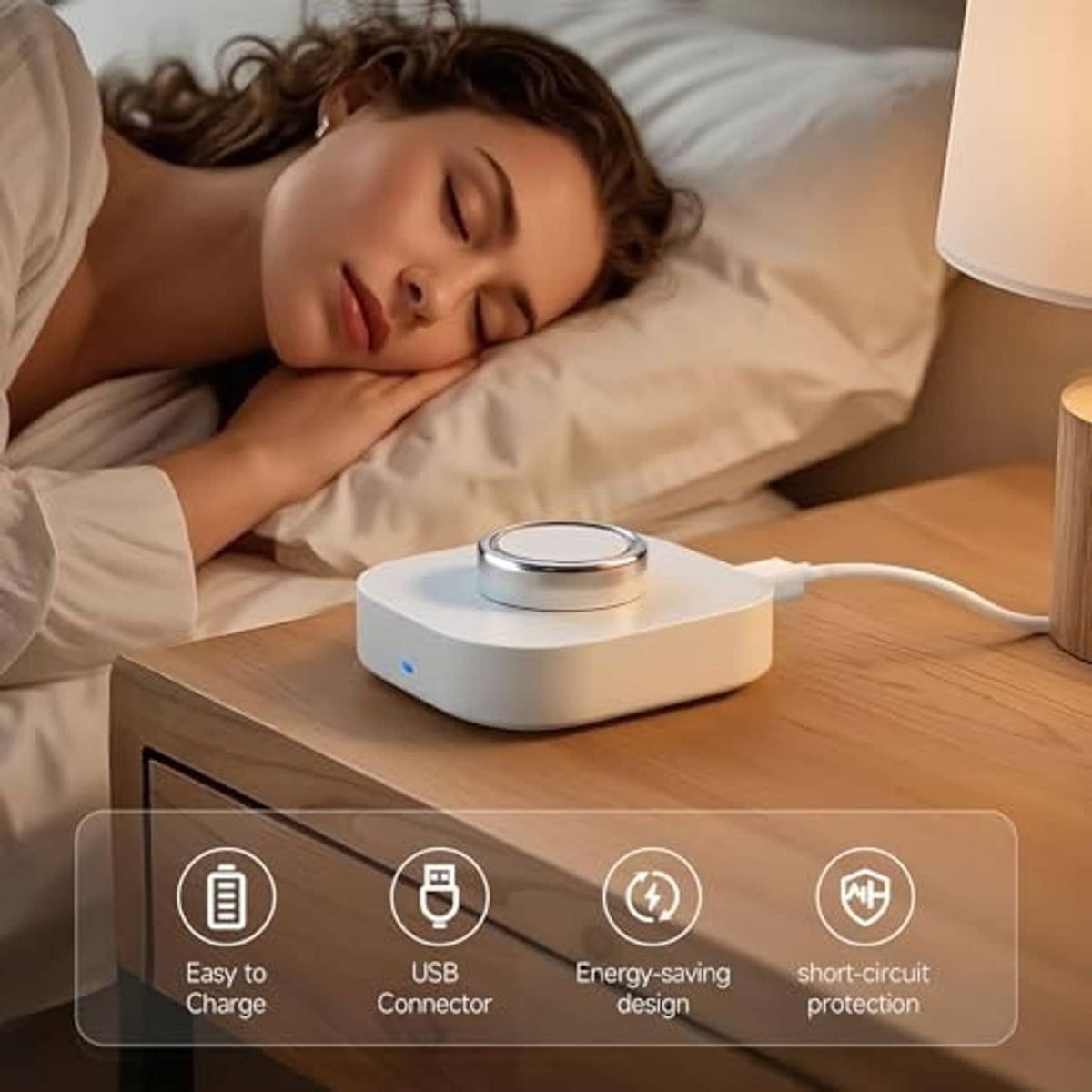 White ring charging dock with metal contact ring and USB cable plugged in