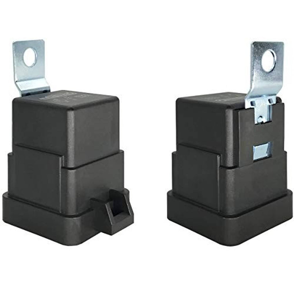 Two black automotive relays with metal mounting tabs, shown in close-up