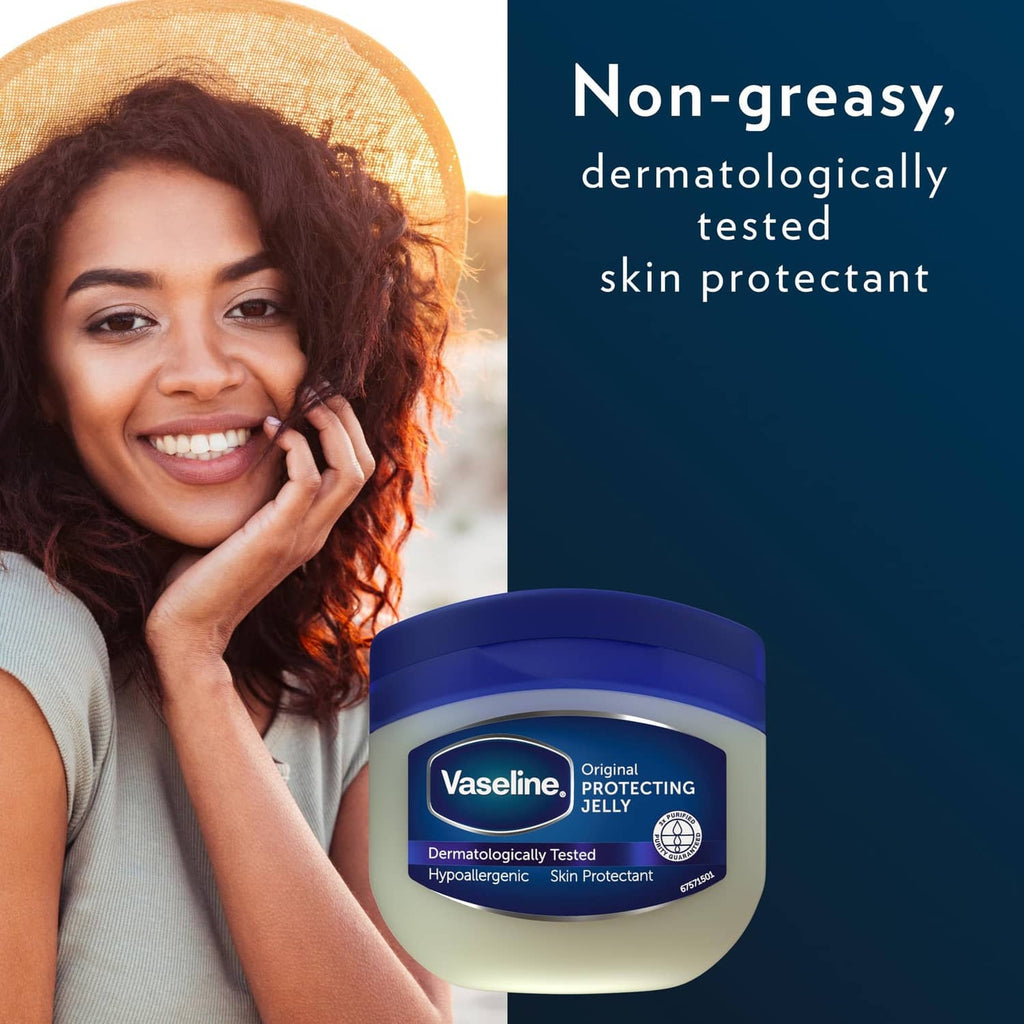 Vaseline Original Protecting Jelly jar, blue lid and pale cream tub