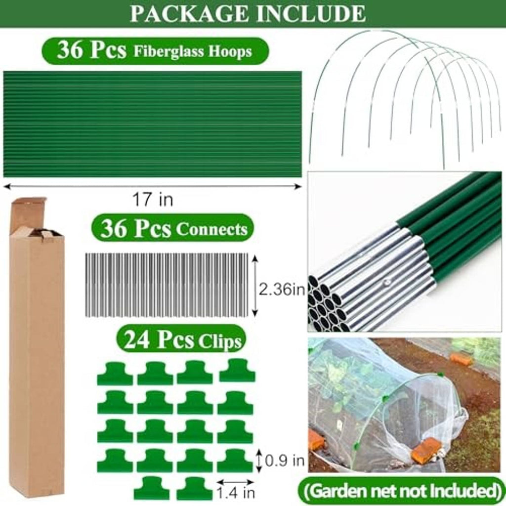 36-piece green fiberglass garden hoop set with connectors and planting clips