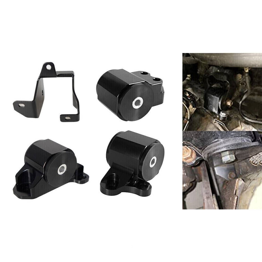 Engine mount kit components, plus black mounts shown installed in an engine bay