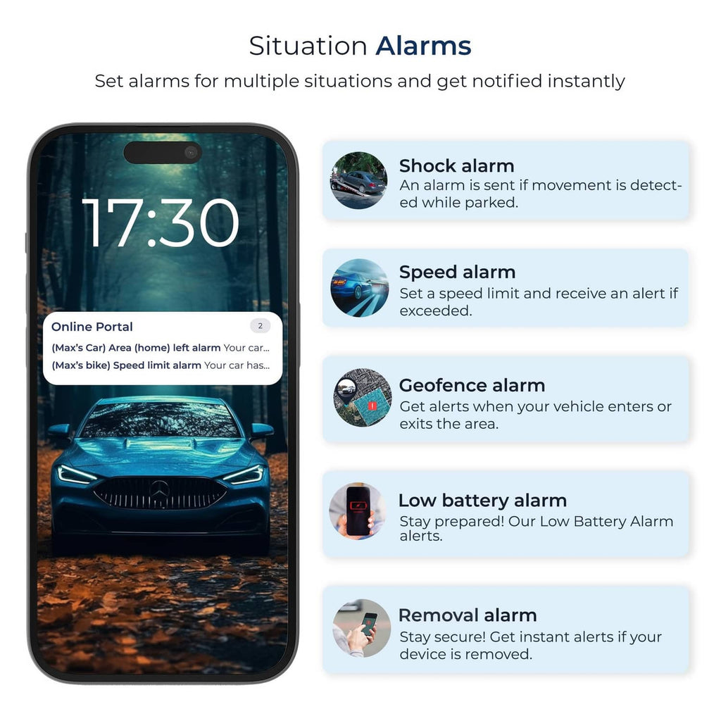 GPS tracker smartphone alerts list for shock, speed, geofence, and low-battery notifications