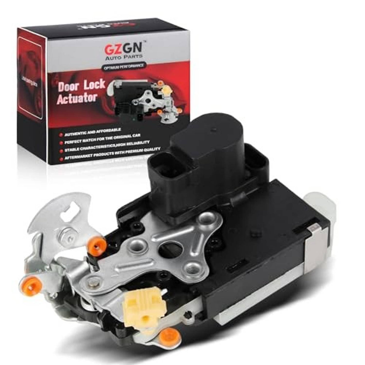 Door lock actuator with black housing, silver metal parts, and orange electrical connectors