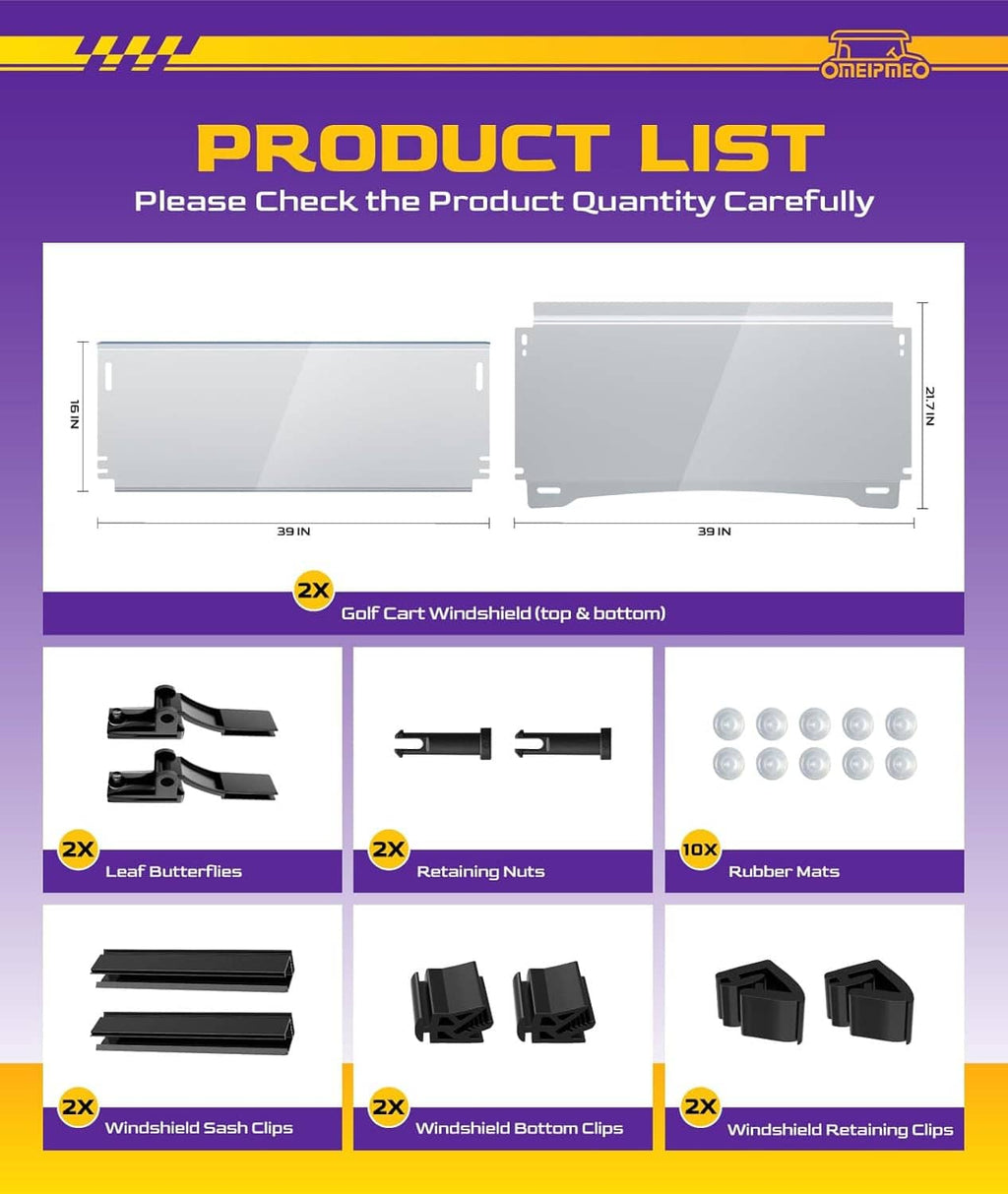 Golf cart windshield package diagram with included clips, nuts, and rubber mats