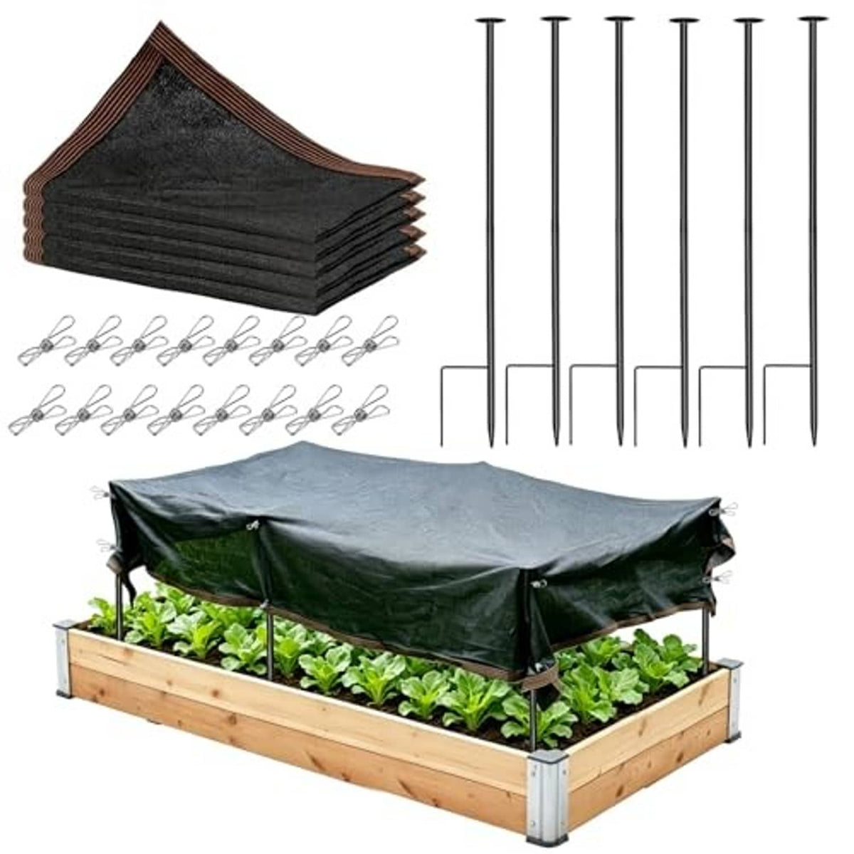 Raised bed with dark shade cloth canopy supported by metal stakes