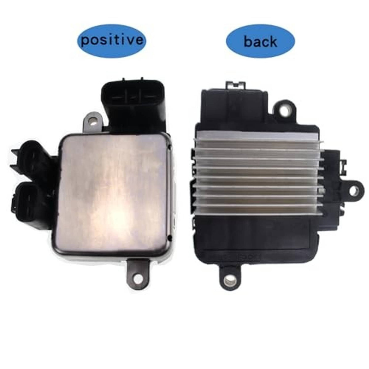 Radiator cooling fan control module front and rear views with black heatsink fins
