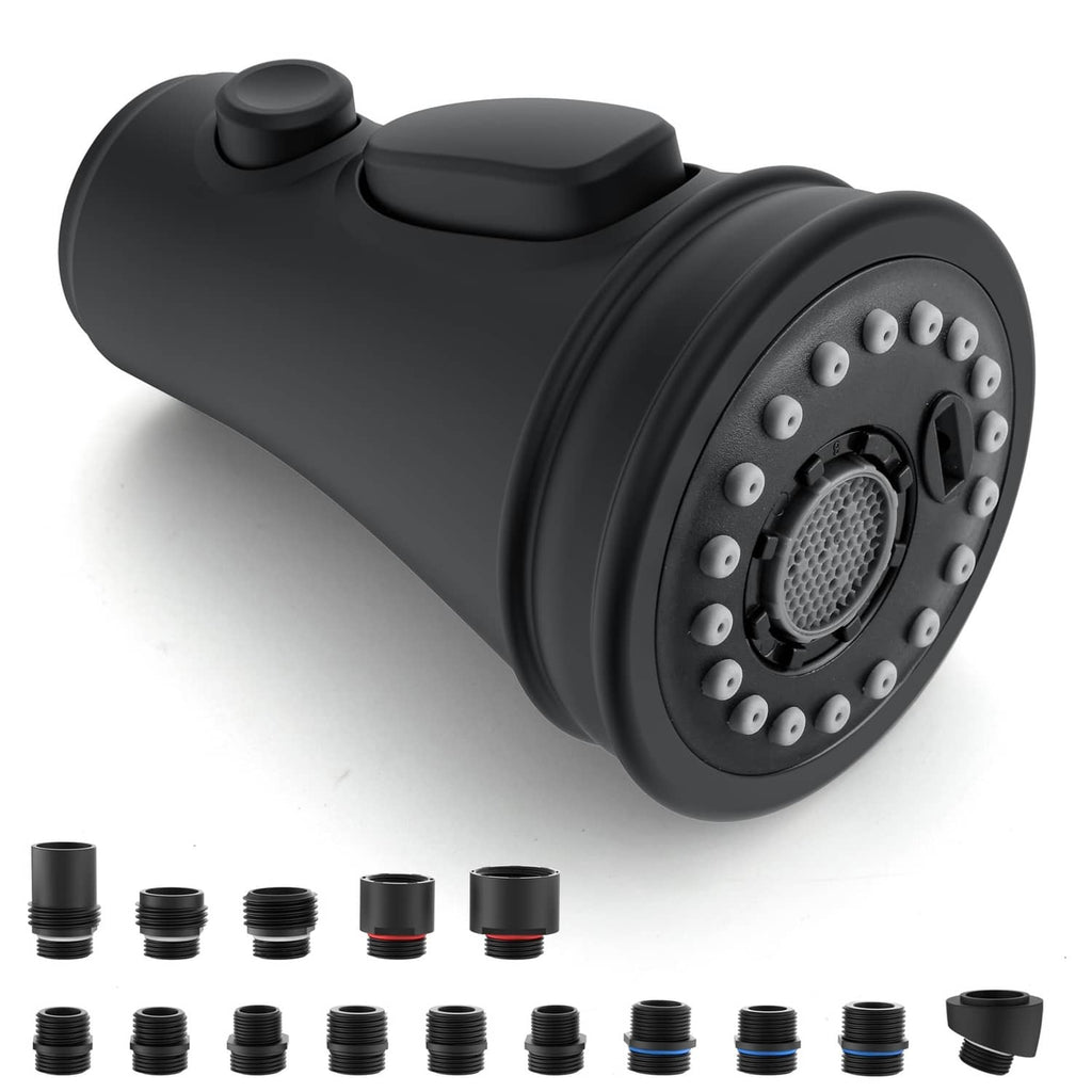 Matte black pull-down kitchen faucet spray head replacement with multi-hole face