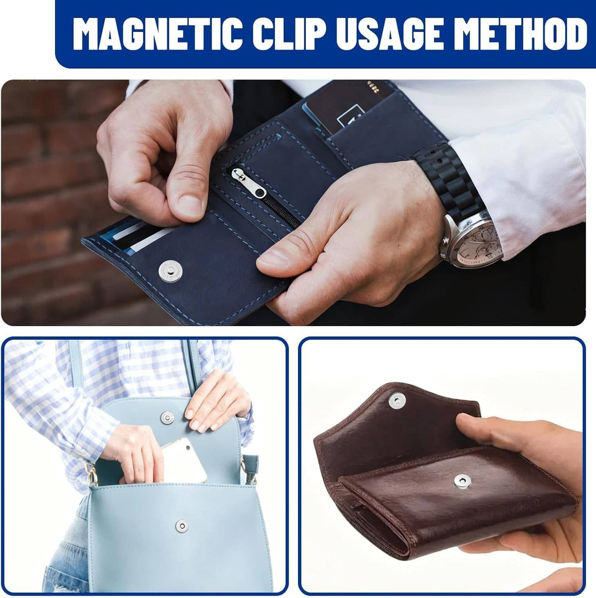 Magnetic snap fasteners on a fabric wallet, showing hands attaching the closure
