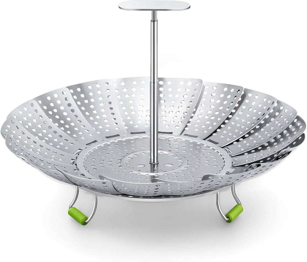Stainless steel steamer basket with perforated bowl, center stem, green silicone feet