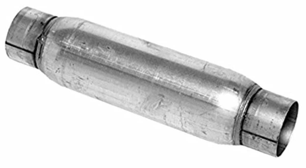 Metal exhaust resonator, close side view of round tube and end cap