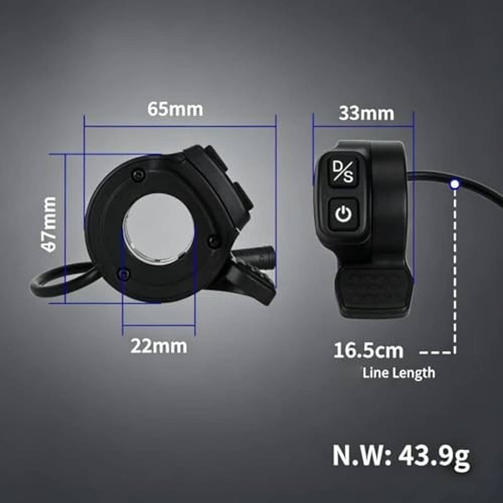 Black thumb throttle control module with mounting bracket and cable; shown with size markers