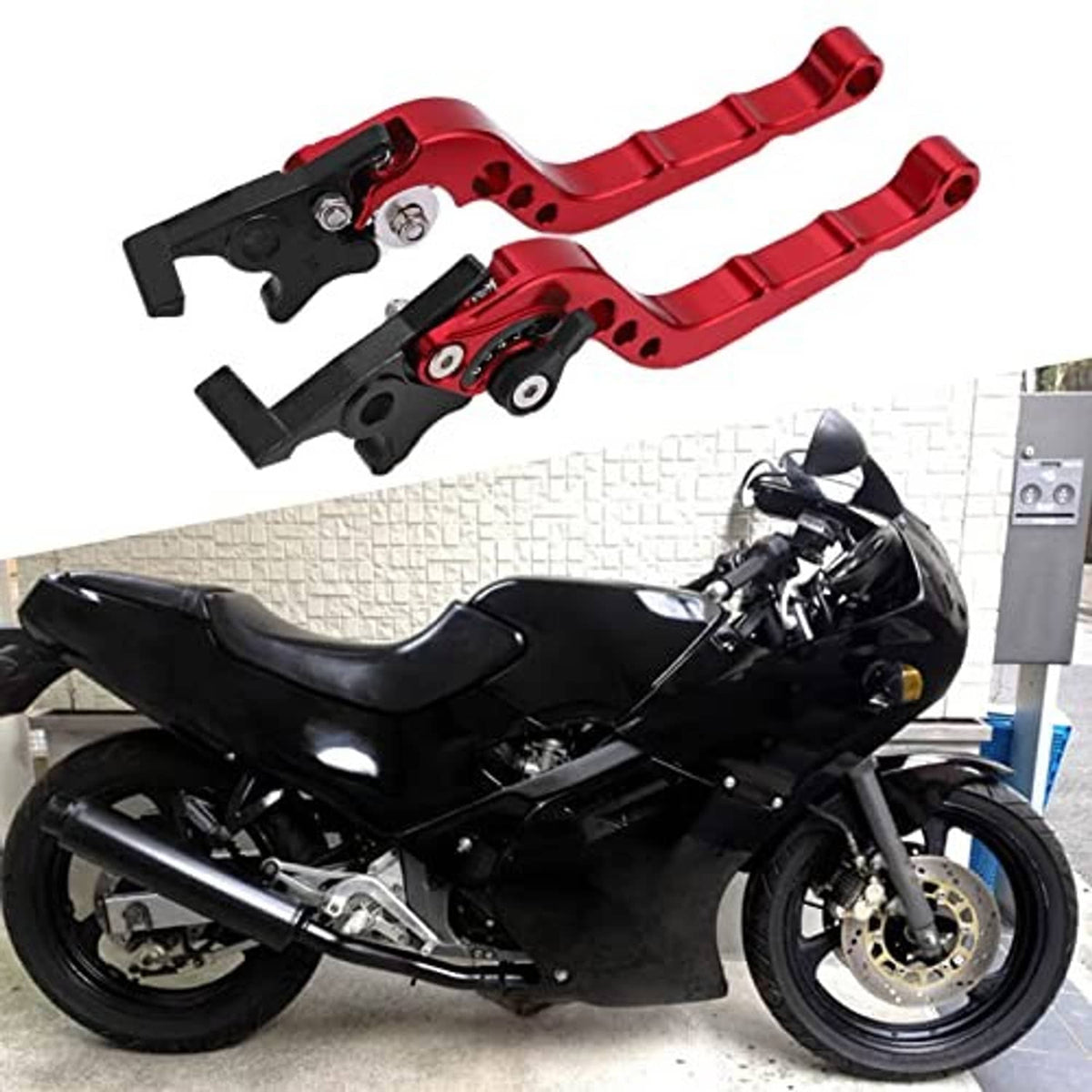 Red motorcycle brake and clutch levers with black pivot mounts and long CNC arms