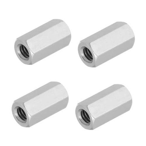 Set of stainless steel hex coupling nuts, silver finish, threaded center