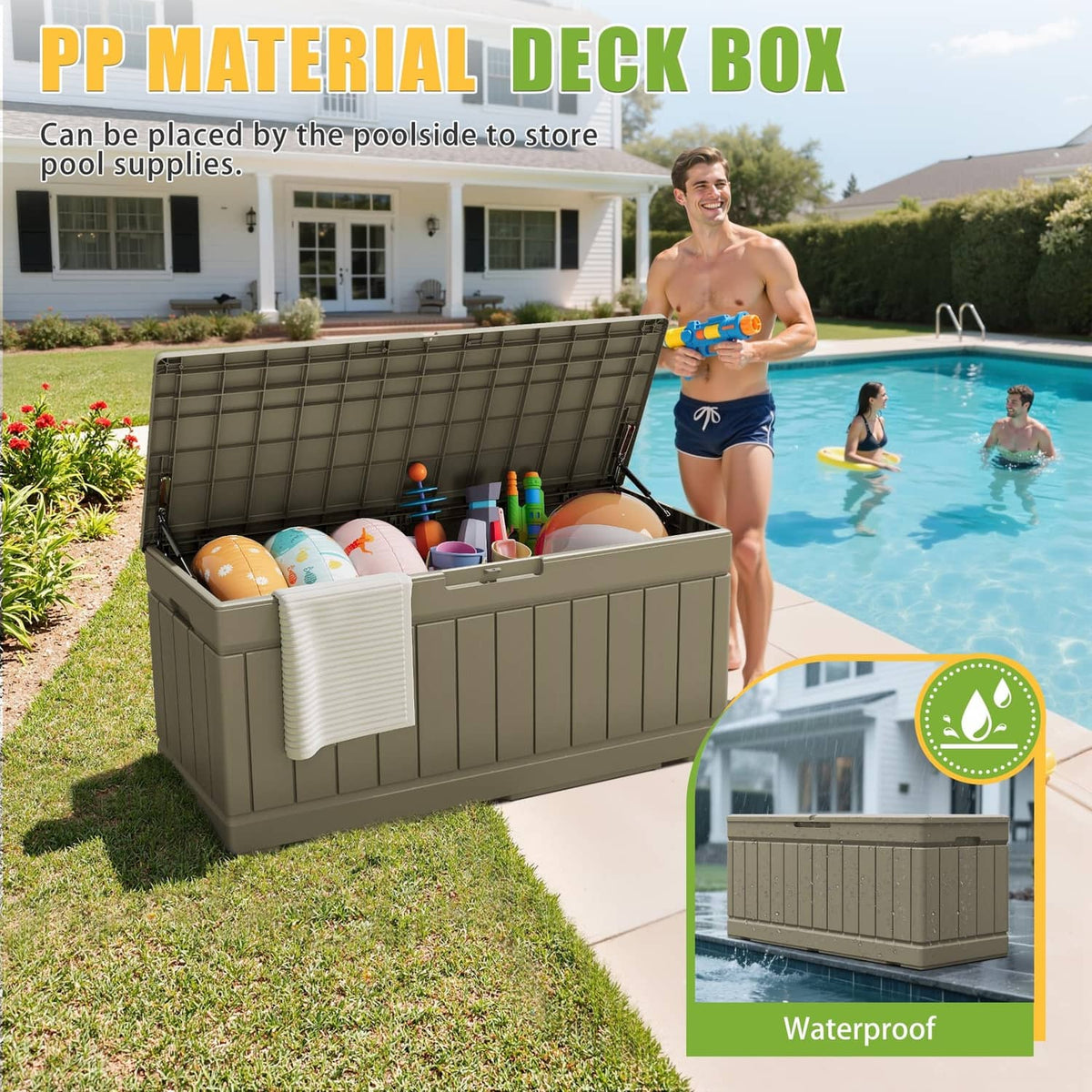 Coffee outdoor deck storage box with open lid and ribbed front panels