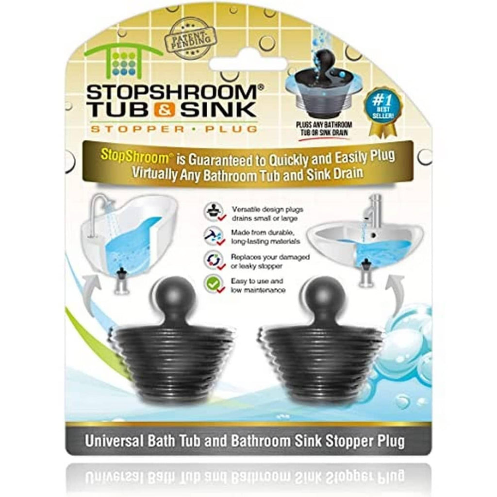 StopShroom tub & sink stopper plug packaging with two black plugs