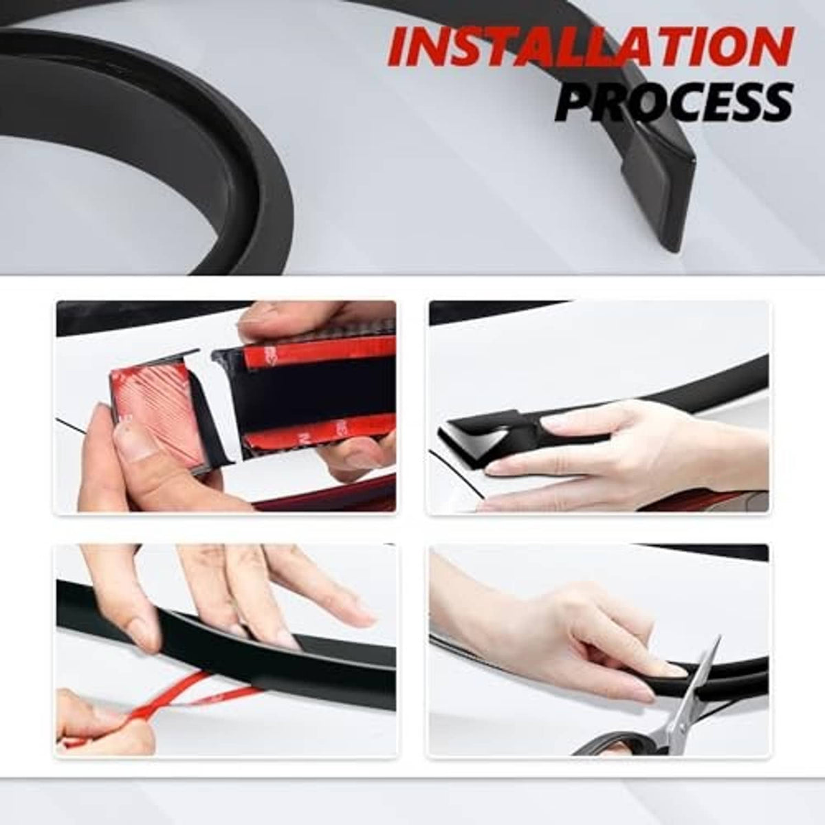 Matte black rubber roof lip spoiler trim strip with mounting clips, installation steps shown