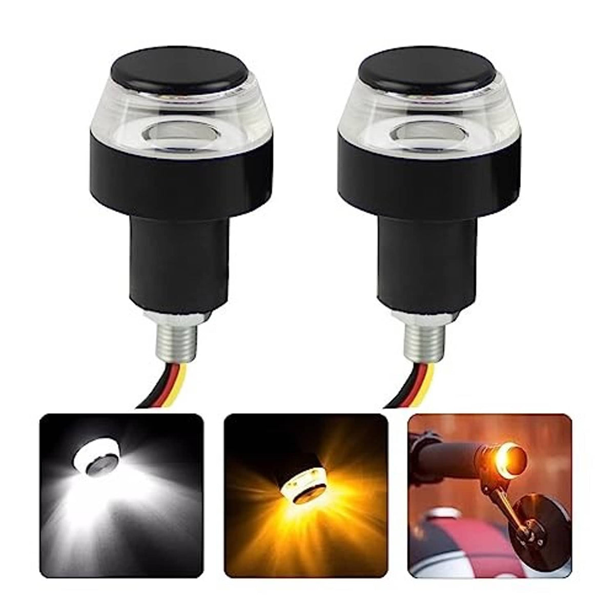 Set of motorcycle handlebar end LED indicator lights, black base with clear lens