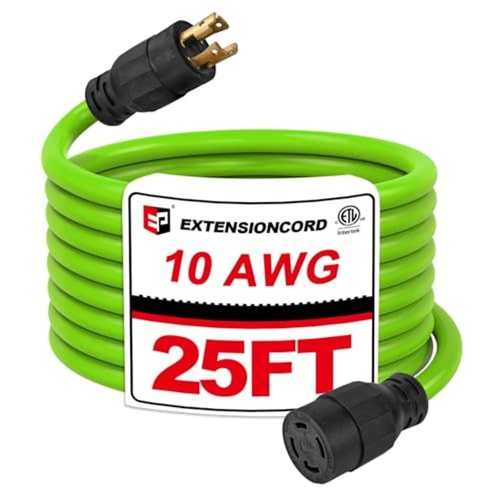 Green 25 ft extension cord coil with 4-prong NEMA plug, 10 AWG