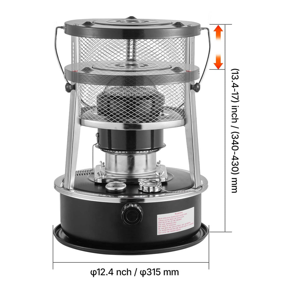 Portable kerosene heater stove with front control knob and mesh fire chamber, with size measurements