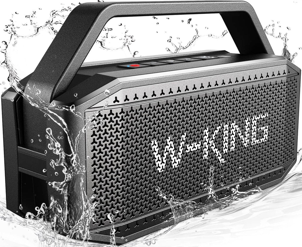 Black portable Bluetooth speaker with carry handle and front speaker grille
