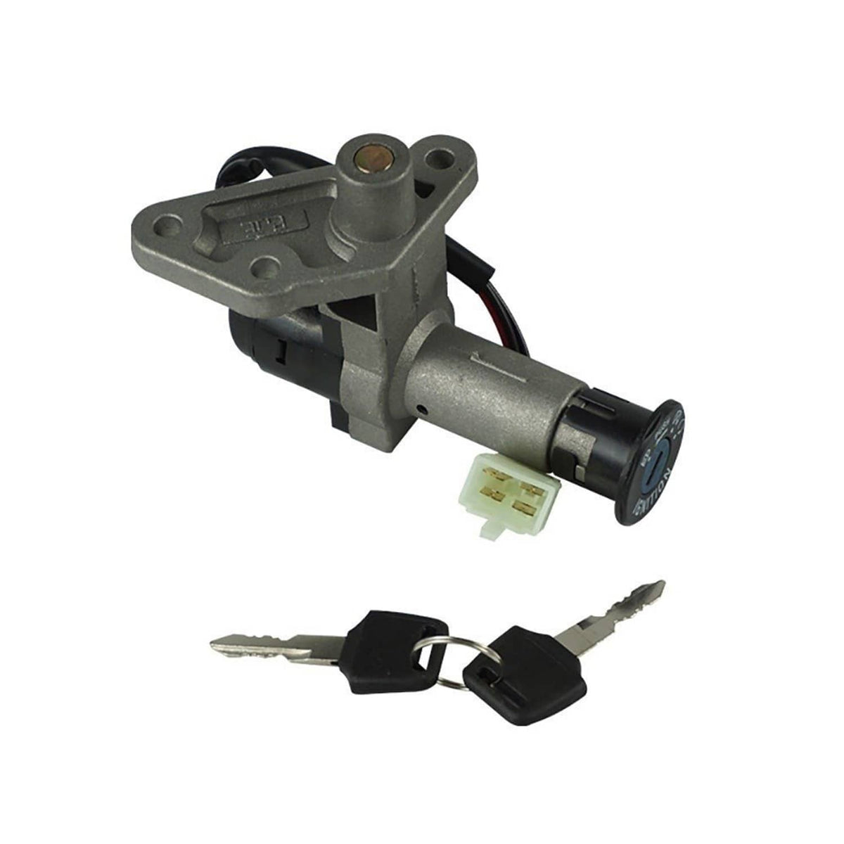 Ignition lock switch assembly with key cylinder, wiring connector, and two keys