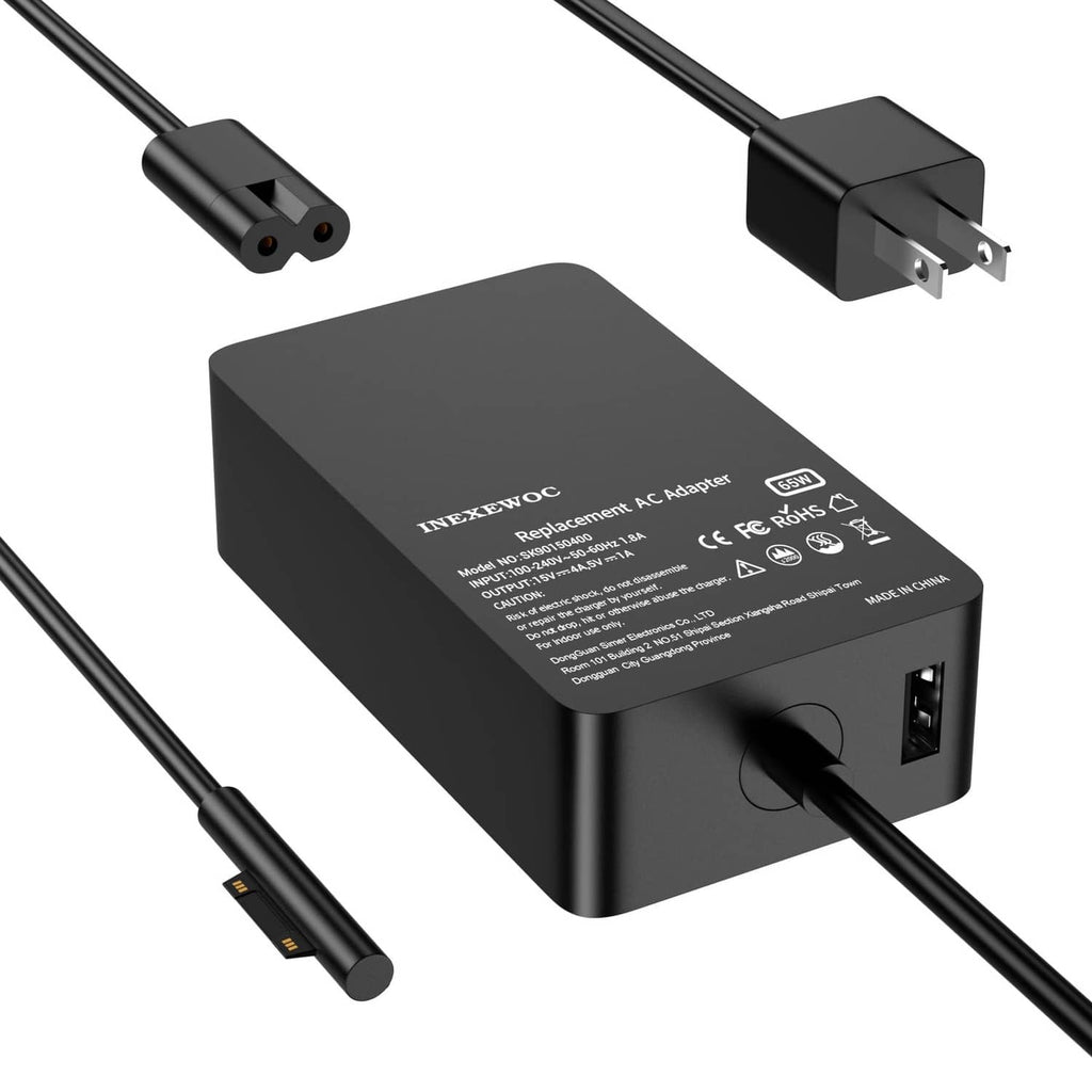 Black AC power adapter with DC barrel plug, USB port, and detachable power cable ends