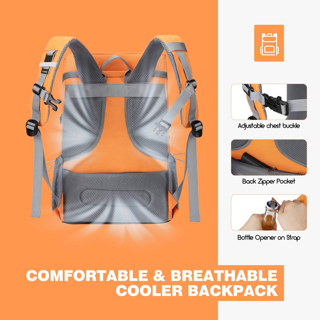 Orange cooler backpack with padded shoulder straps and breathable mesh back panel