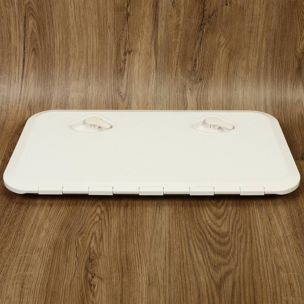 White ABS deck access hatch lid with two recessed handles and side latch seams