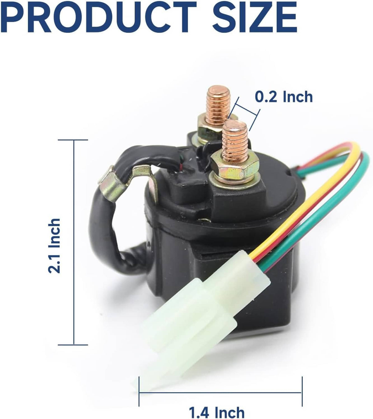 Solenoid starter relay with multicolor wires and brass terminals, shown with size