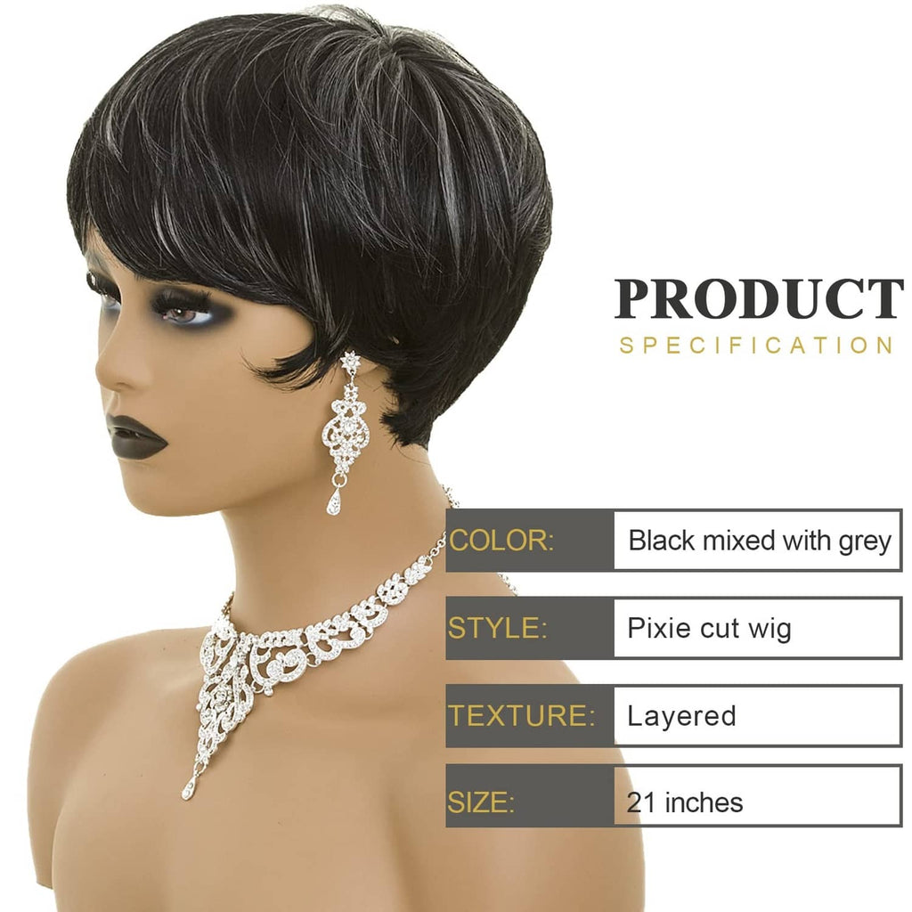 Short layered pixie cut wig in dark black with grey mixed tone, volume at the crown.