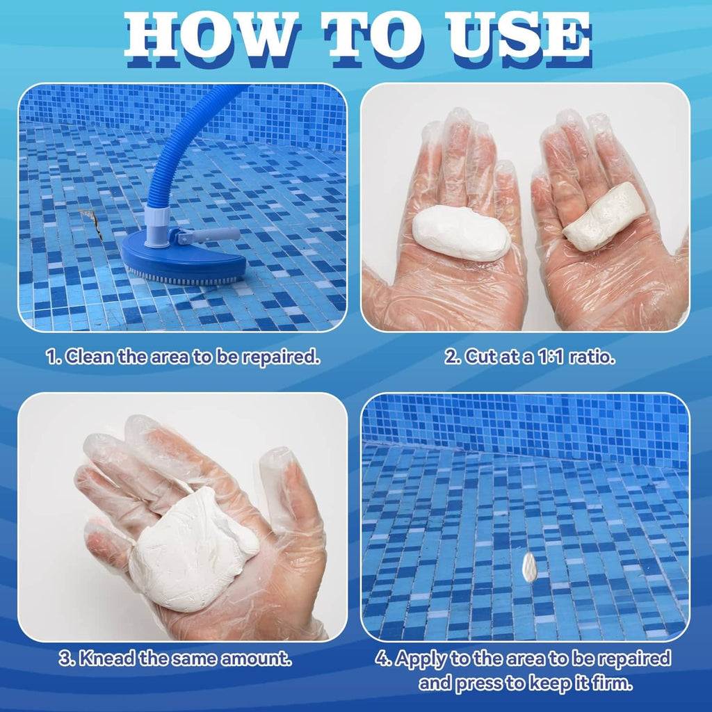 Gloved hands holding white pool epoxy putty in step-by-step use instructions