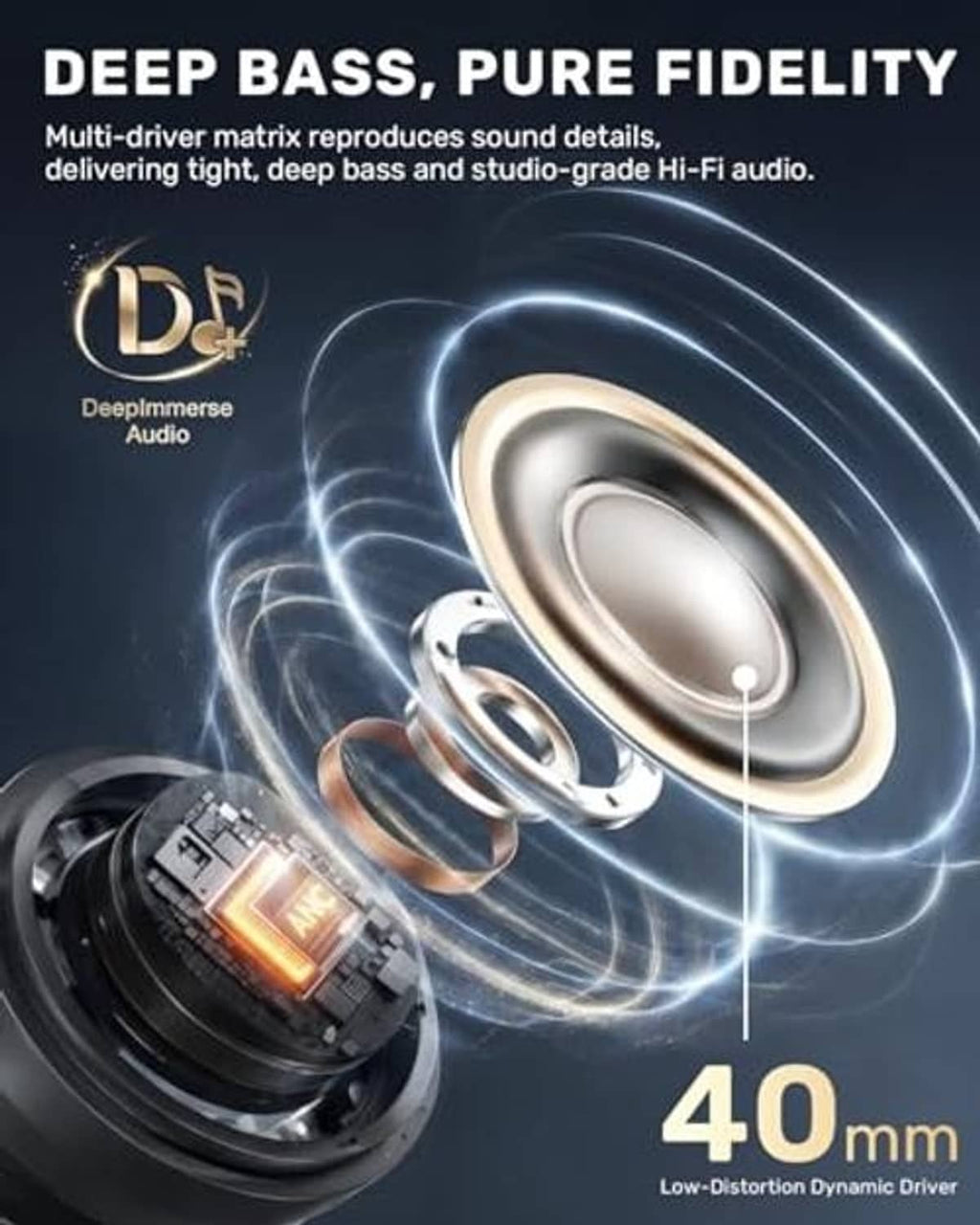 Black over-ear headphone earcup with internal dynamic driver components