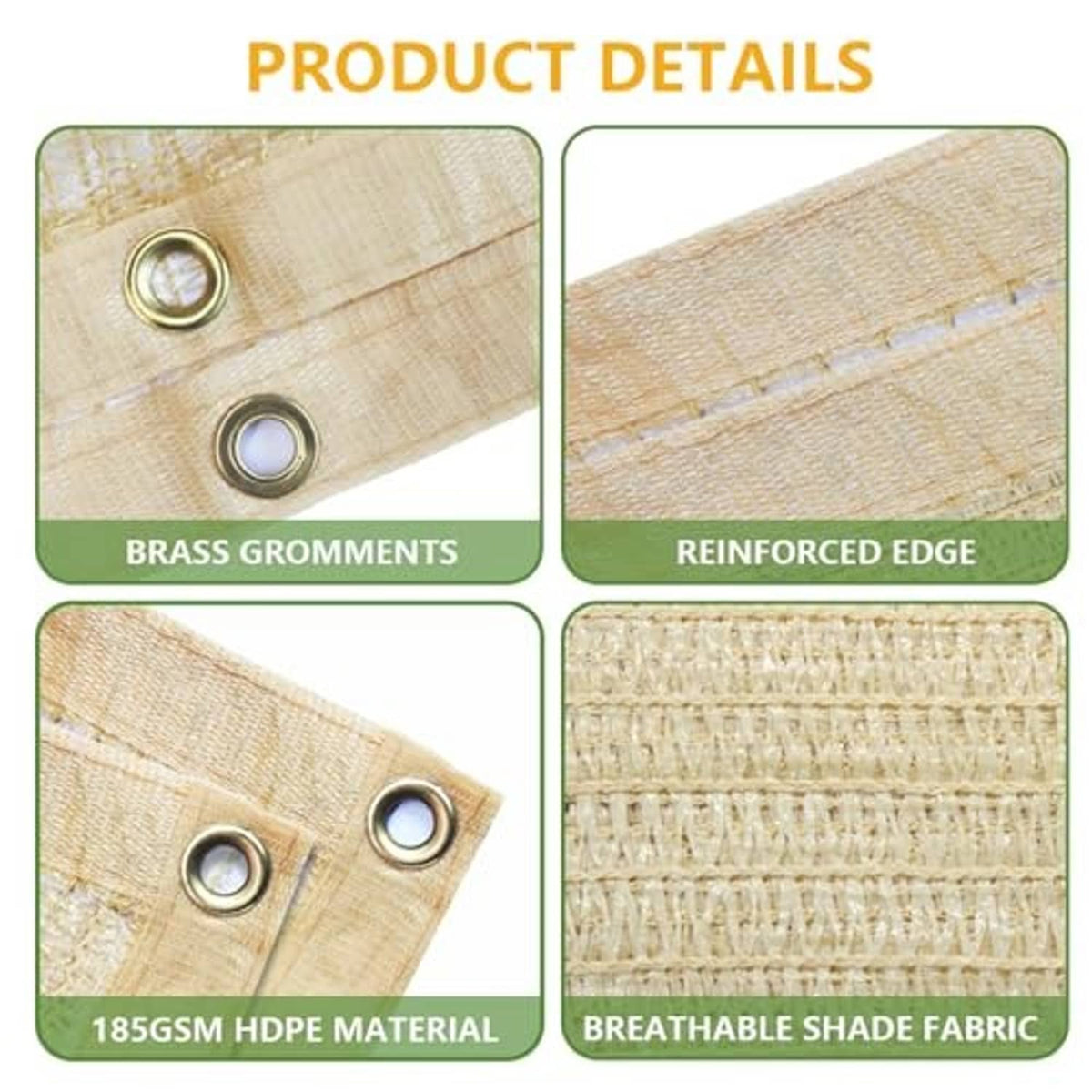 Beige shade cloth close-up with brass grommets, reinforced edge, and breathable weave