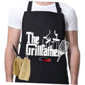 Black grilling apron with adjustable neck strap, front graphic, and large front pocket