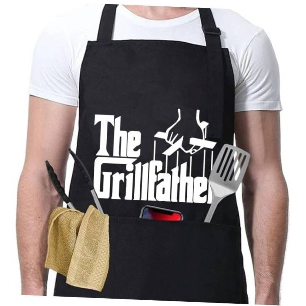 Black grilling apron with adjustable neck strap, front graphic, and large front pocket