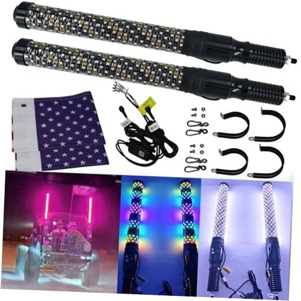 Two LED whip light spiral tubes with black housings and accessory set, shown flat.