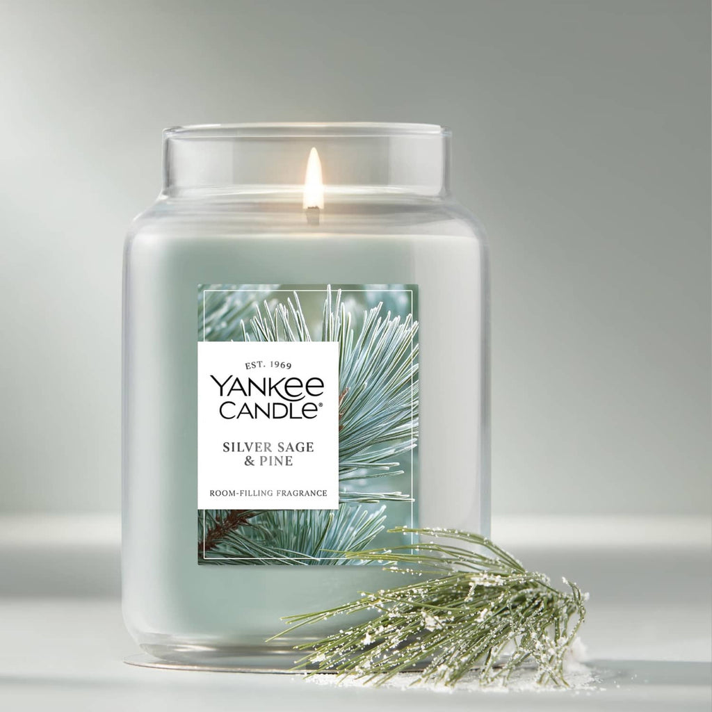 Unlit large glass jar candle with Silver Sage & Pine label and pine needles