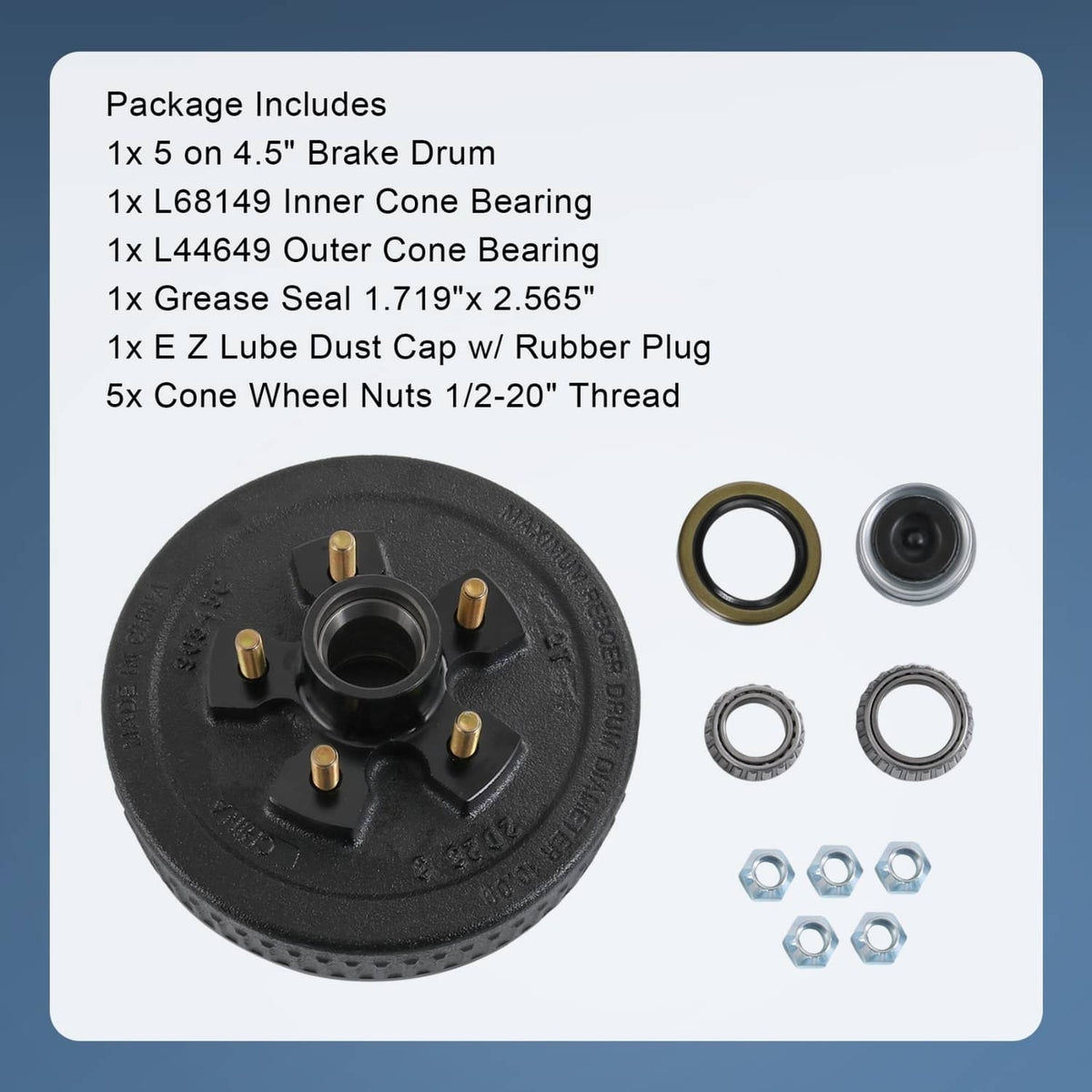 Trailer brake drum kit contents: brake drum, inner and outer bearings, seals, and nuts