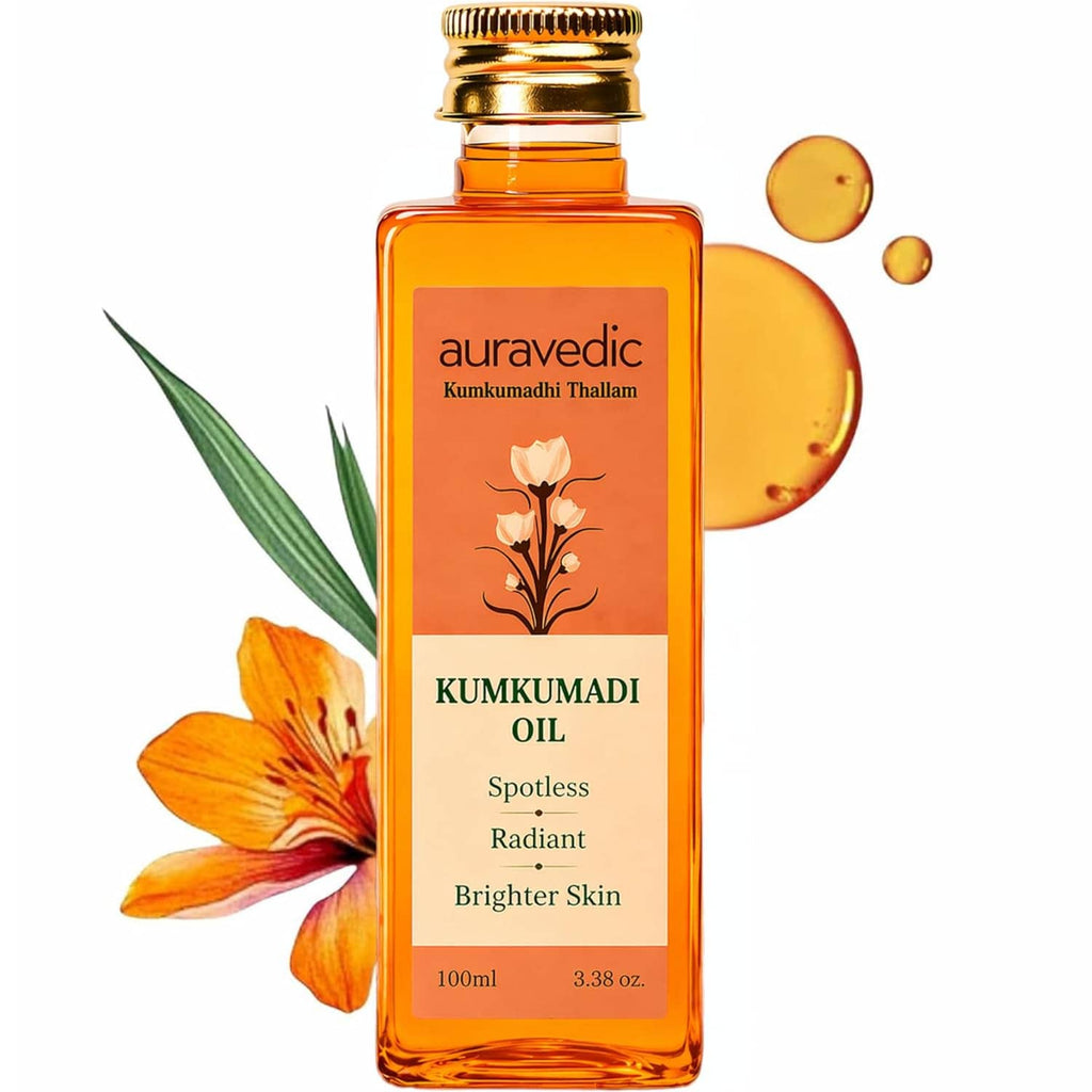 Kumkumadi oil bottle front view with gold cap, orange glass, and flower and leaf accents.