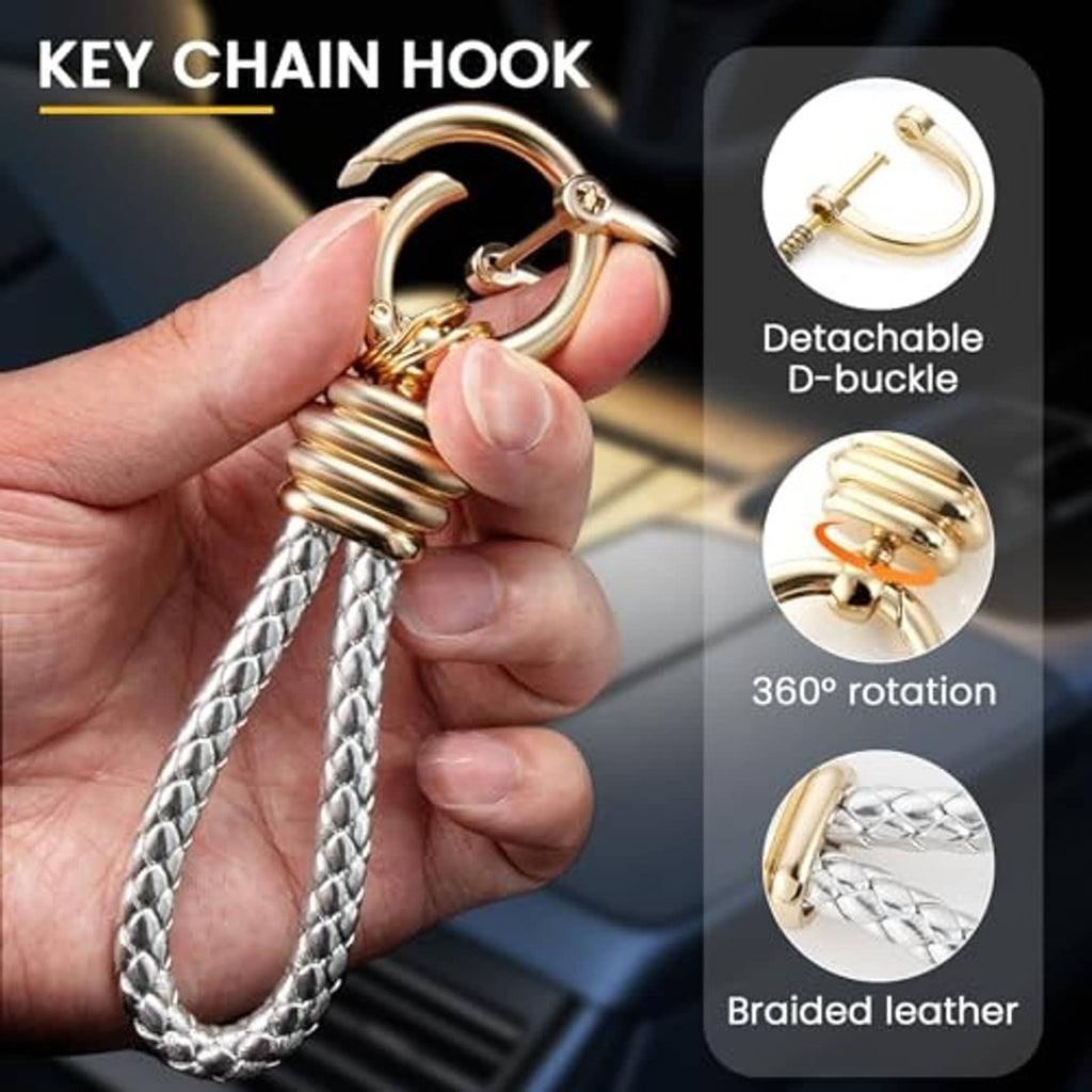 Gold keychain hook with detachable D-buckle, braided leather strap, and metal rings