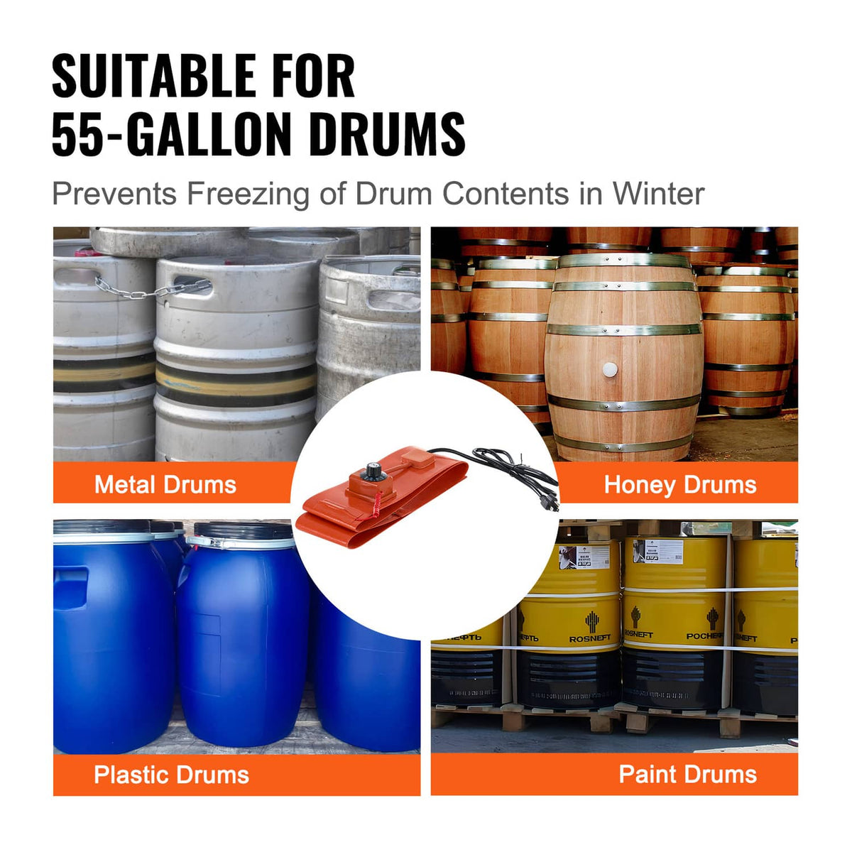 Drum heater suited for 55-gallon drums, with orange heating wrap and power cord