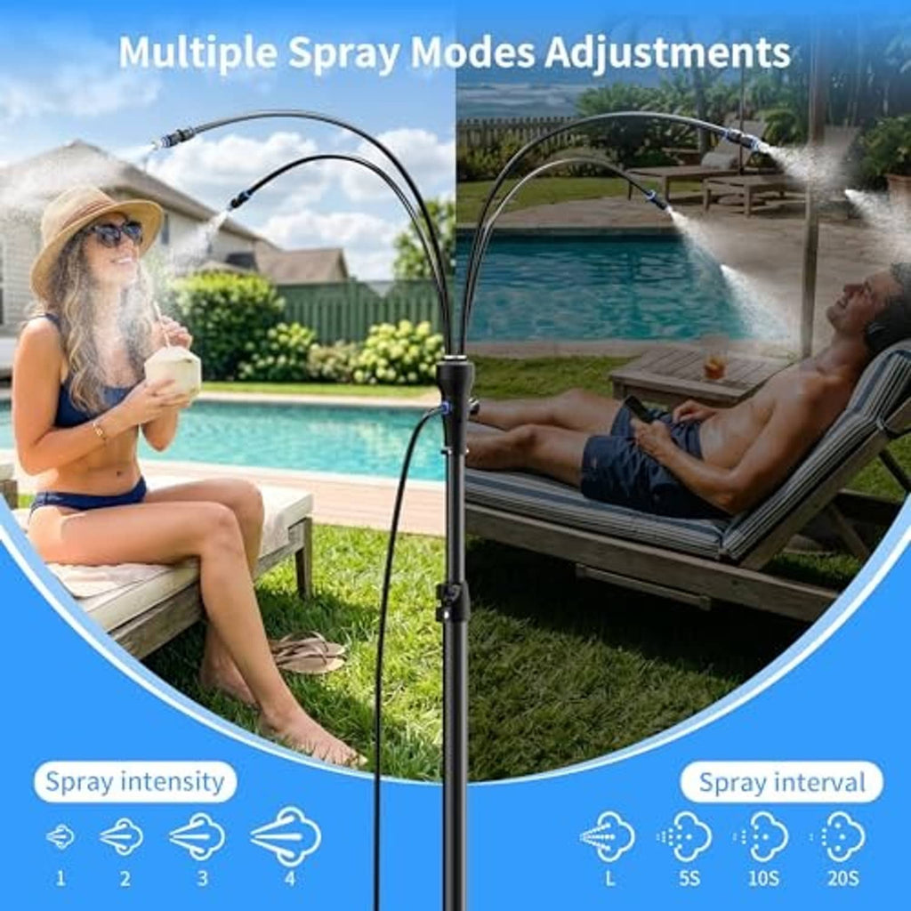 Adjustable standing mist sprayer with arched hoses and fine mist over poolside seating