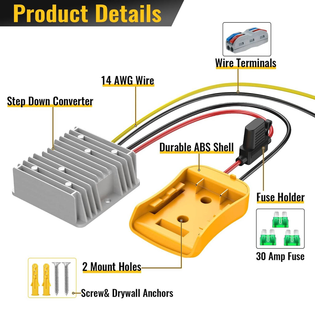 Step-down converter with durable ABS shell, gray heat sink fins, and wire terminals.