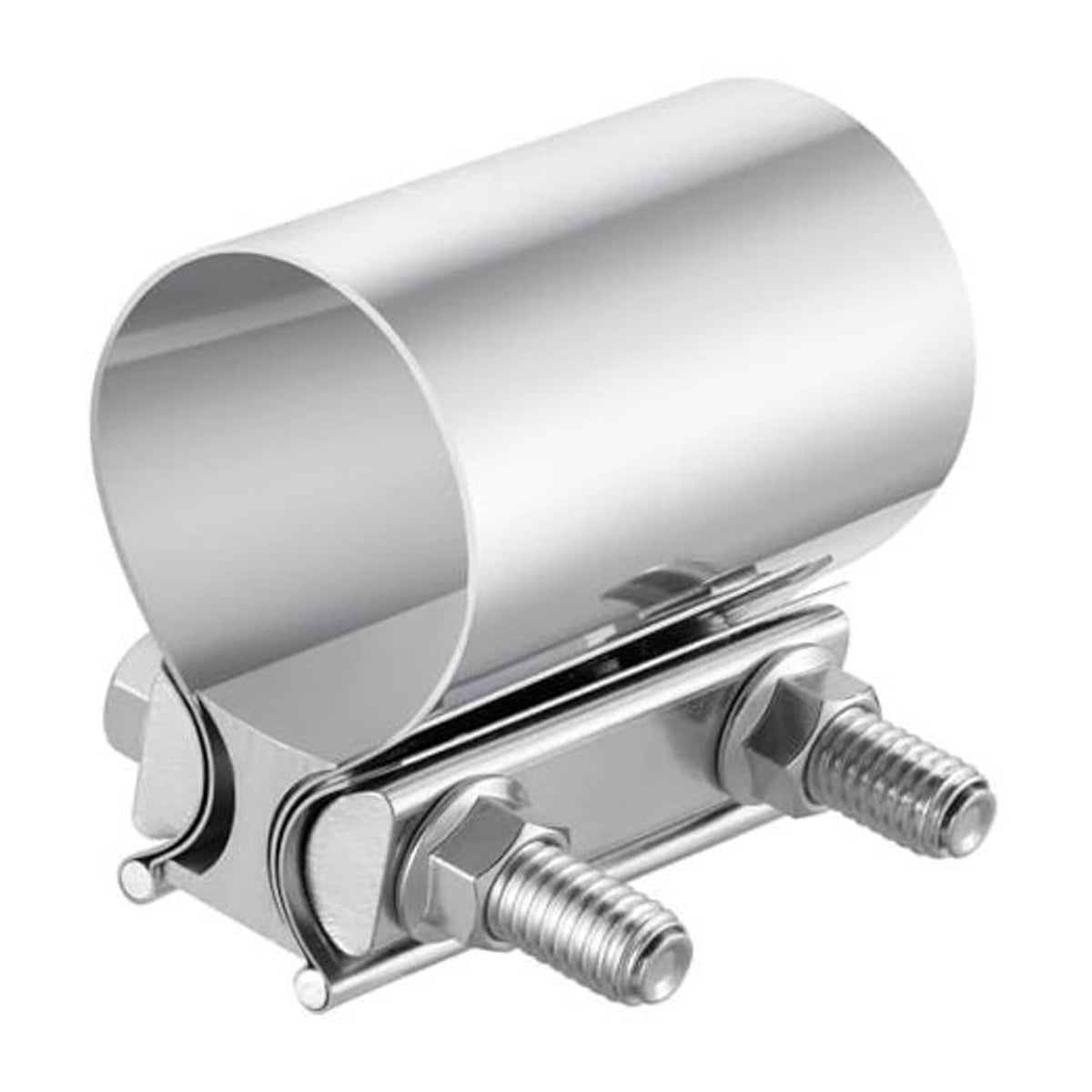 2-inch exhaust butt joint band clamp sleeve coupler in polished metal with two bolts