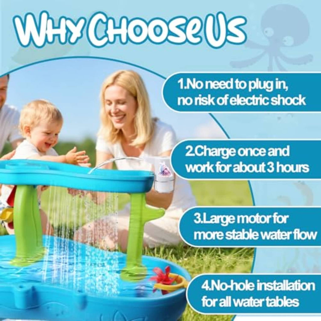 Blue and green water table with white pump creating an arcing water flow