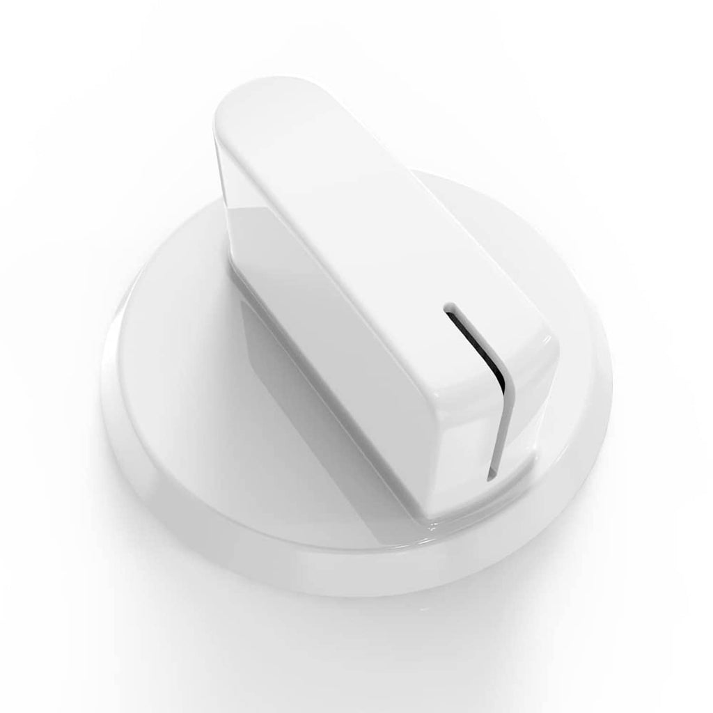 White dryer timer control knob assembly with curved base and side tab